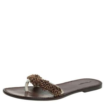 Pre Owned Bottega Veneta Cream Nubuck Leather Embellished Thong Flats Size 39.5