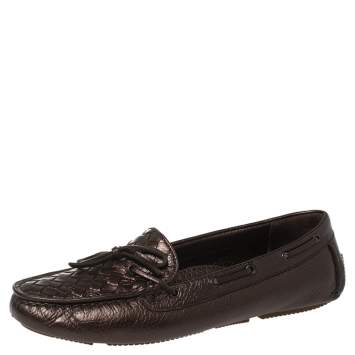 Pre Owned Bottega Veneta Metallic Brown Intrecciato Leather Bow Slip On Loafers Size 38.5