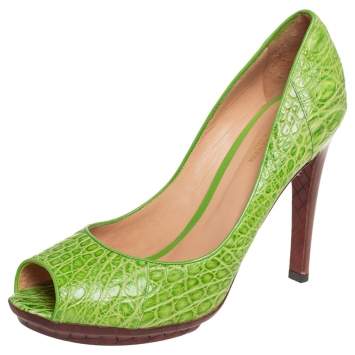 Pre Owned Bottega Veneta Green Alligator Leather Peep Toe Pumps Size 40