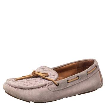 Pre Owned Bottega Veneta Pink Intrecciato Suede Bow Slip On Loafers Size 37