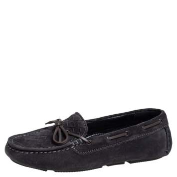 Pre Owned Bottega Veneta Black Intrecciato Suede Bow Slip On Loafers Size 36.5