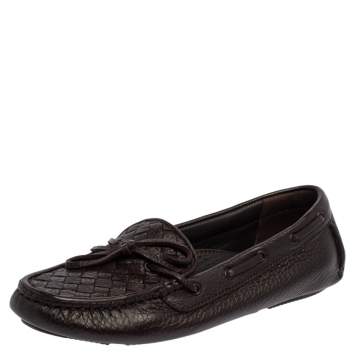 Pre Owned Bottega Veneta Brown Intrecciato Leather Bow Slip On Loafers Size 36