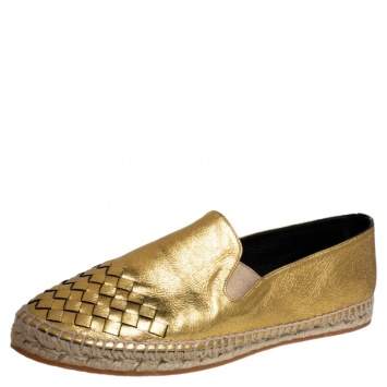Pre Owned Bottega Veneta Gold Intrecciato Leather Espadrille Sneaker Size 41