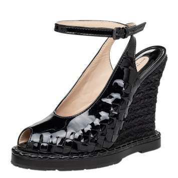 Pre Owned Bottega Veneta Black Intrecciato Patent Leather Wedge Sandals Size 38