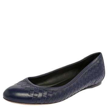 Pre Owned Bottega Veneta Indigo Blue Intrecciato Leather Ballet Flats Size 40