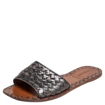 Pre Owned Bottega Veneta Metallic Grey Intrecciato Leather Ravello Flats Size 39