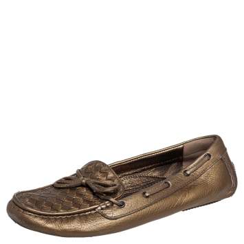 Pre Owned Bottega Veneta Metallic Gold Intrecciato Leather Wave Driving Loafers Size 41