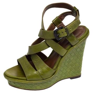 Pre Owned Bottega Veneta Green Intrecciato And Leather Wedge Sandals Size 38