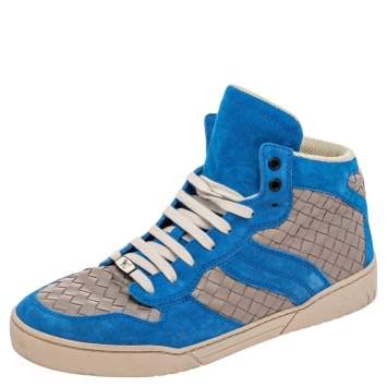 Pre Owned Bottega Veneta Blue/Grey Suede And Intrecciato Leather High Top Lace Up Sneakers Size 42