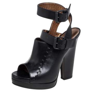 Pre Owned Bottega Veneta Black Leather Buckle Detail Open Toe Sandals Size 38.5
