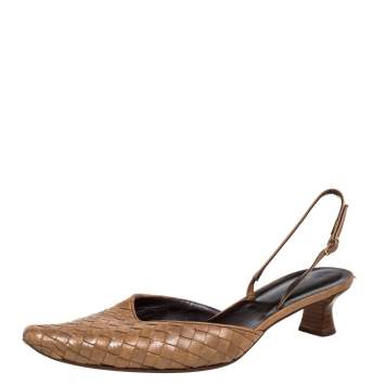 Pre Owned Bottega Veneta Brown Intrecciato Leather Slingback Sandals Size 39.5
