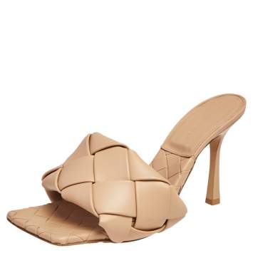 Pre Owned Bottega Veneta Beige Intrecciato Leather Lido Slide Sandals Size 39