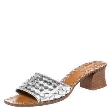 Pre Owned Bottega Veneta Metallic Silver Intrecciato Leather Slide  Sandals Size 39.5