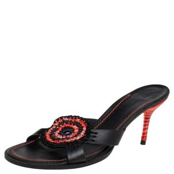 Pre Owned Bottega Veneta Tri Color Raffia And Leather  Intrecciato Open Toe Slide Sandals Size 41