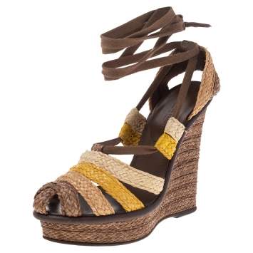 Pre Owned Bottega Veneta Multicolor Raffia Platform Ankle Wrap Wedge Sandals Size 37