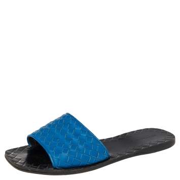 Pre Owned Bottega Veneta Blue Intrecciato Leather Flat Slides Size 38