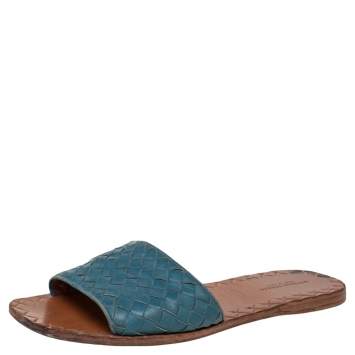 Pre Owned Bottega Veneta Blue Leather Flat  Sandals Size 37.5