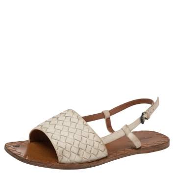 Pre Owned Bottega Veneta White Intreciatto Leather Slingback Sandals Size 38