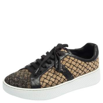 Pre Owned Bottega Veneta Black/Gold Woven Fabric and Leather Lace Low Top Sneakers Size 37