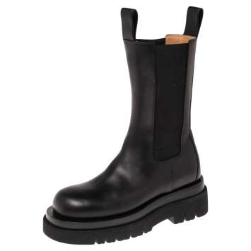 Pre Owned Bottega Veneta Black Leather Tire Mid Calf Boots Size 34