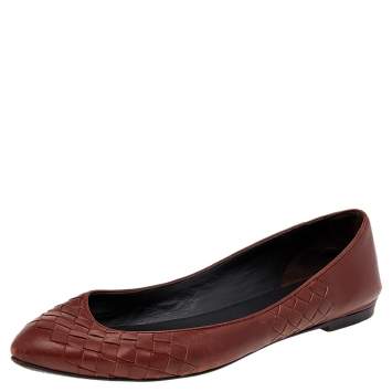 Pre Owned Bottega Veneta Burgundy Intrecciato Leather Pointed Toe Ballet Flats Size 38.5