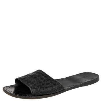 Pre Owned Bottega Veneta Black Intrecciato Leather Slide Flat Sandals Size 41