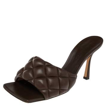 Pre Owned Bottega Veneta Dark Brown Padded Leather Slide Sandals Size 39