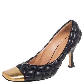 Pre Owned Bottega Veneta Quilted Black Leather Square Metal Cap Toe Pumps Size 39