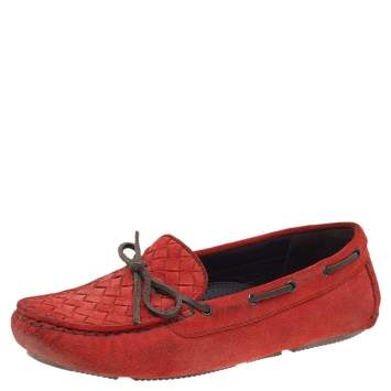 Pre Owned Bottega Veneta Orange Intrecciato Suede Bow Slip On Loafers Size 37