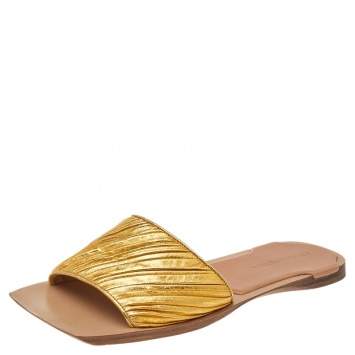 Pre Owned Bottega Veneta Gold Pleated Leather Flat Slides Size 40 