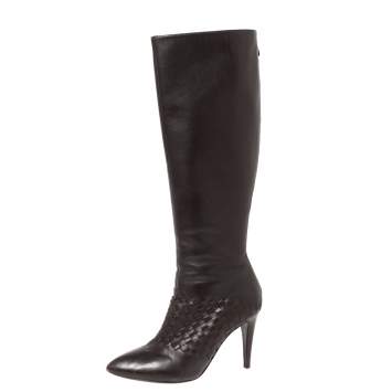 Pre Owned Bottega Veneta Brown Leather Intrecciato Detail Knee High Boots Size 39.5