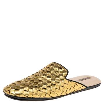 Pre Owned Bottega Veneta Metallic Gold  Intrecciato Leather Fiandra Mules Size 37.5