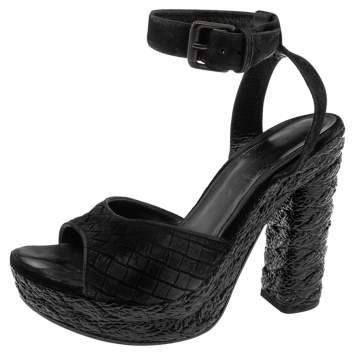 Pre Owned Bottega Veneta Black Intrecciato Suede Coated Espadrille Platform Sandals Size 39