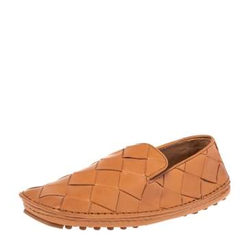 Pre Owned Bottega Veneta Tan  Intrecciato Leather Slip On Loafers Size 37