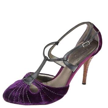 Pre Owned Bottega Veneta Purple Velvet And Leather Ankle Strap Sandals Size 39