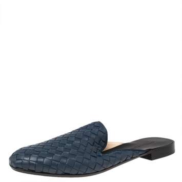 Pre Owned Bottega Veneta Blue Intrecciato Leather Fiandra Flat Mules Size 36