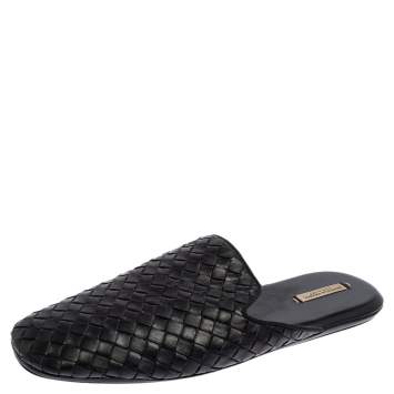 Pre Owned Bottega Veneta Black Intrecciato Leather Fiandra Flat Mules Size 38.5