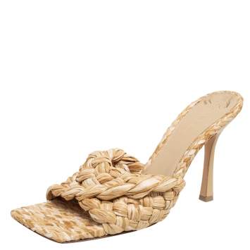 Pre Owned Bottega Veneta Cream Woven Raffia Lido Sandals Size 40.5