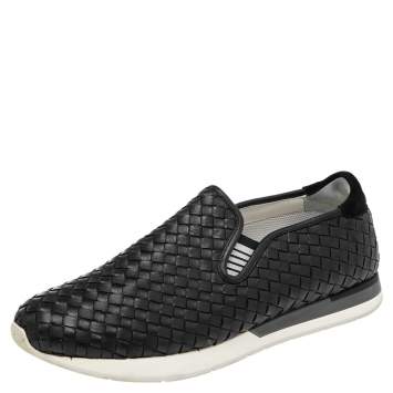 Pre Owned Bottega Veneta Black Intrecciato Leather Slip On Sneakers Size 45