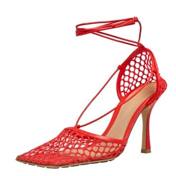 Pre Owned Bottega Veneta Red Mesh Square Toe Ankle Wrap Sandals Size 40