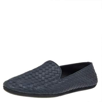 Pre Owned Bottega Veneta Blue Intrecciato Leather Slip on Loafers Size 45