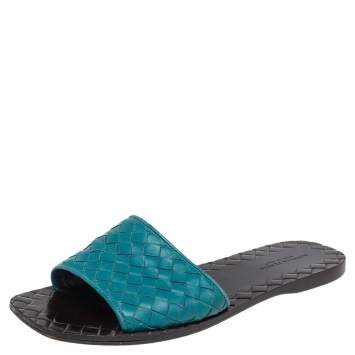 Pre Owned Bottega Veneta Green Intrecciato Leather Slide Flats Size 37