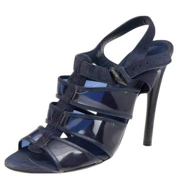 Bottega Veneta Navy Blue Suede And PVC Ankle Strap Sandals Size 38.5