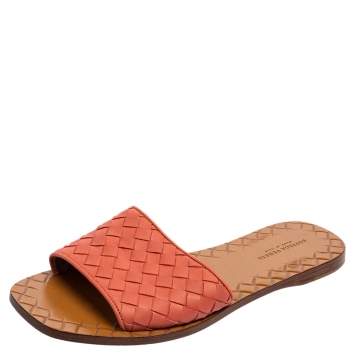 Pre Owned Bottega Venetta Pink Intrecciato Leather Flat Slides Size 36