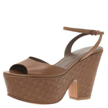 Pre Owned Bottega Veneta Brown Leather Intrecciato Platform Sandals Size 37.5