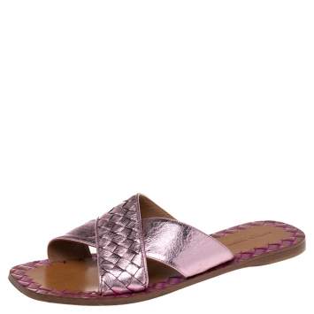 Pre Owned Bottega Veneta Pink Intrecciato Leather Crisscross Ravello Sandals Size 38