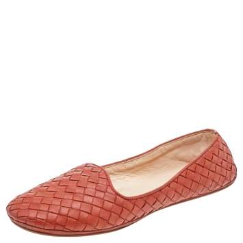 Pre Owned Bottega Veneta Orange Intrecciato Leather Smoking Slippers Size 37