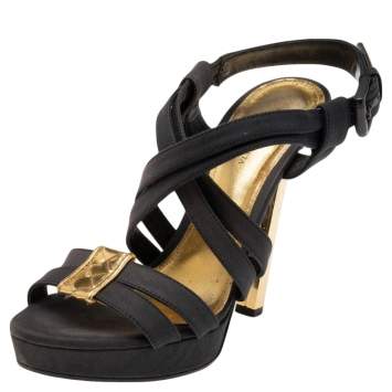 Pre Owned Bottega Veneta Black/Gold Canvas Platform Sandals Size 38.5 