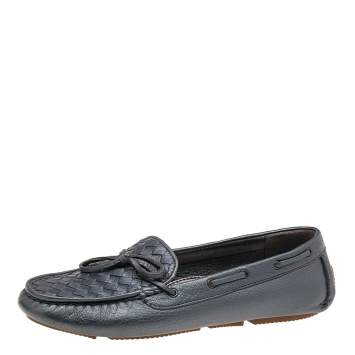 Pre Owned Bottega Veneta Grey Intrecciato Leather Bow Slip On Loafers Size 40