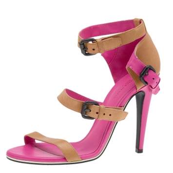 Pre Owned Bottega Veneta Beige/Pink Leather Open Toe Ankle Strap Sandals Size 37.5